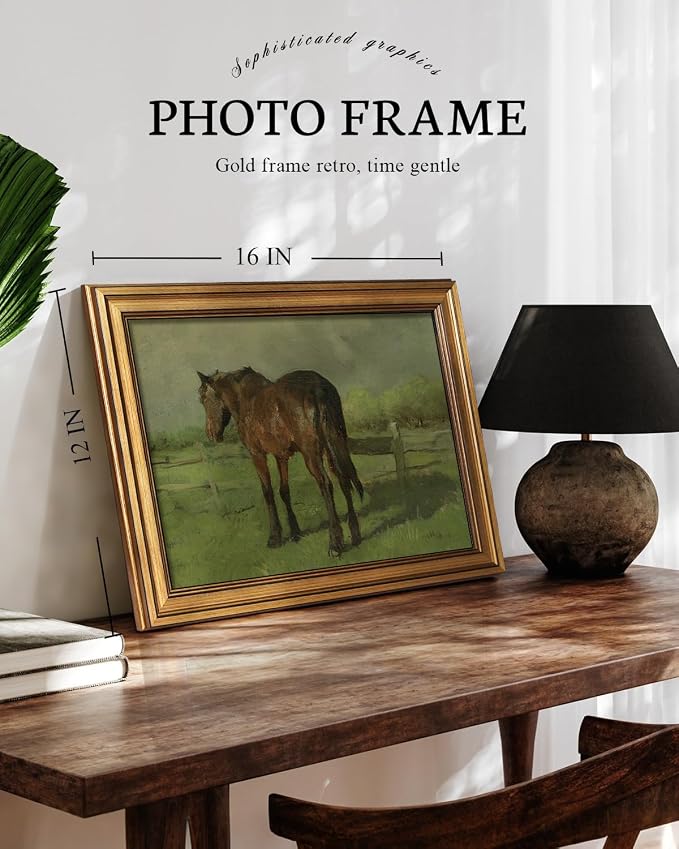 VIYYIEA Vintage Gold Framed Wall Art for Living Room, Horse Canvas Prints Home Decor, Oil Painting Picture, Bedroom Wall Decor Gifts for Friends or Family -【Horse】-(16L x 12W)