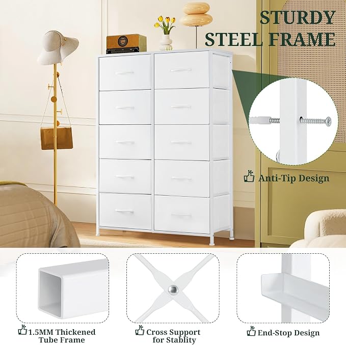 10-Drawer Dresser for Bedroom, Anti-Tip Tall Storage Organizer | Chest of Drawers with Wooden Top and Metal Frame Fabric Bins for Closet, Living Room, Hallway, Entryway, White