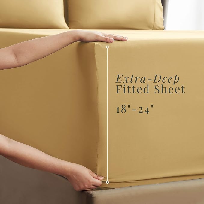 Hearth & Harbor Extra Deep Pocket Queen Sheets Sets - Fits Mattress 18-24 Inches Deep - Extra Deep Pocket Sheets - 6 Piece Queen Size - Camel