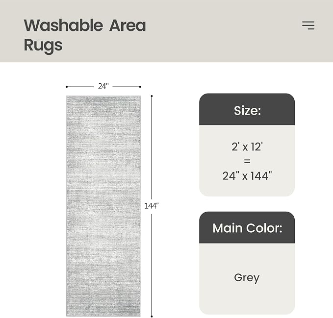 2x12 Runner Rug Non Slip, Washable Rug Runners for Hallways, Grey | Soft Low Pile, Thin & Lighweight Carpet, Folable Stain Resistant Modern Indoor 12ft Floor Mat for Living Room,Bedroom,Kitchen