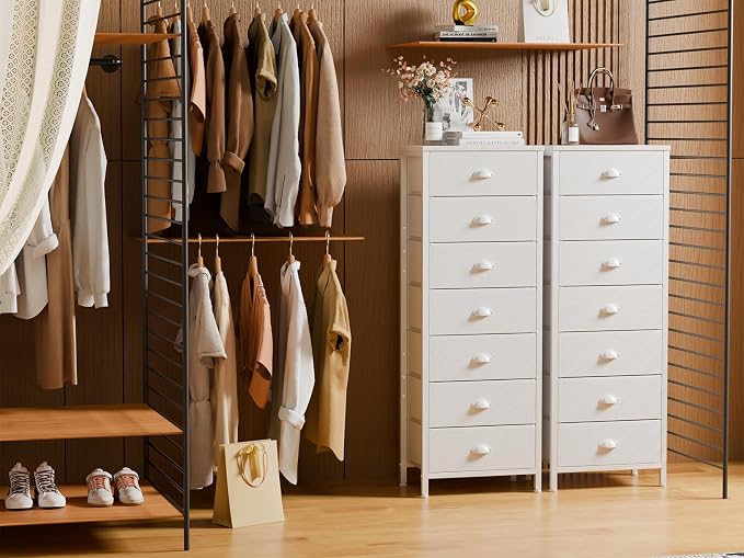 Furnulem White Tall Dresser for Bedroom, Chest of Drawer with Fabric Drawer | Tall Skinny Dresser with 7 Drawers, Metal Frame, Wooden Top, Dorm Vertical Closet, Bedside Furniture in Living Room