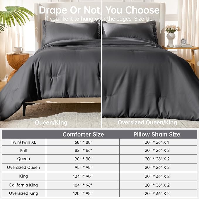 California King Comforter Set, All Season Ultra Soft Down Alternative Bedding - 3 Piece Lightweight Bed Set Includes 1 Comforter (104"x96") and 2 Pillow Shams (20"x36"), Dark Grey