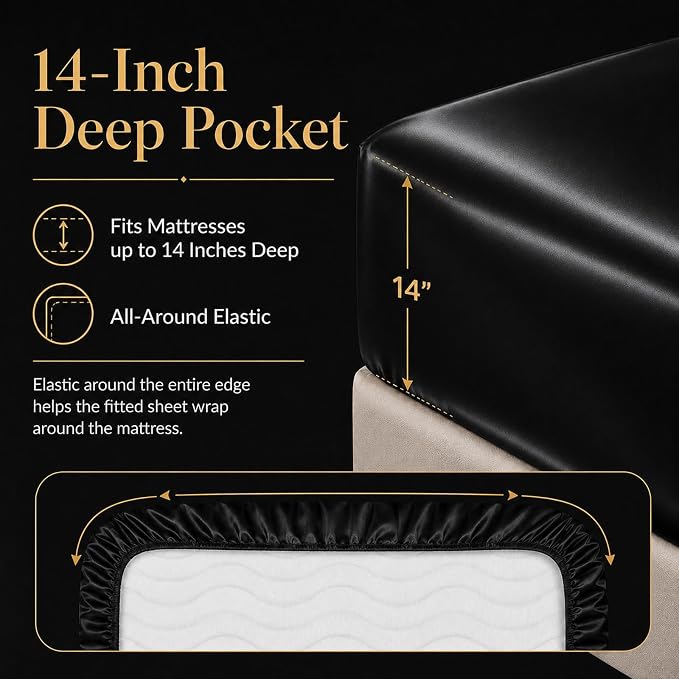 CozyLux Satin Sheets Twin, 3-Piece 14-Inch Deep Pocket Sheet Set | OEKO-TEX Certified Silky Soft Sheet Set for Hair & Skin, Luxurious Silky-Smooth Satin for Elegant Bedroom Decor, Black