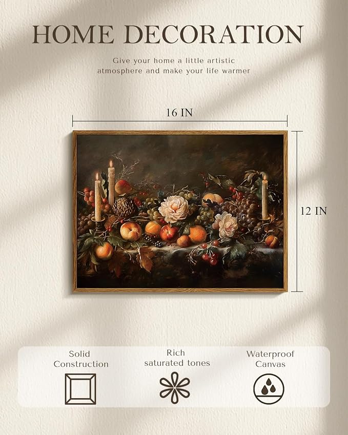 Vintage Framed Autumn Still Life Thanksgiving Wall Art 12x16 Fruits Candles Oil Painting, Rustic Classic Fall Peaches Grapes Canvas Print, Harvest Farmhouse Kitchen Dining Room Decor