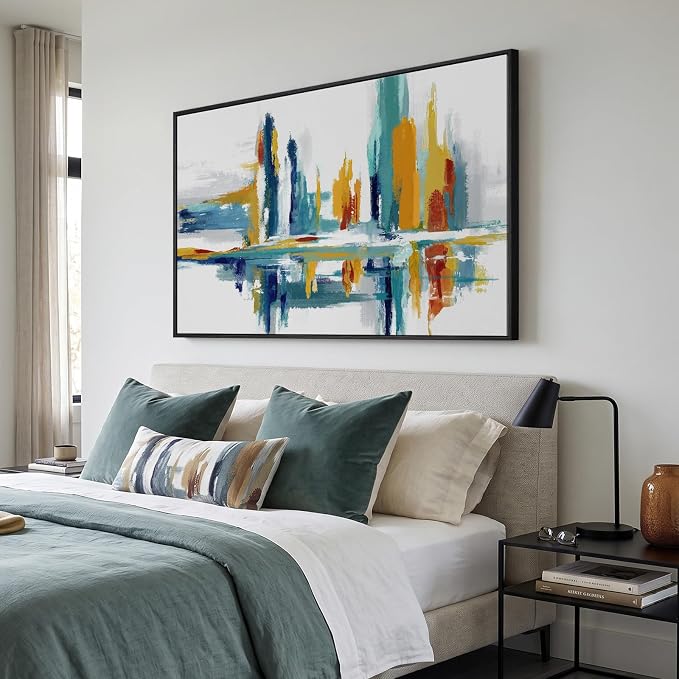 Extra Large Framed Colorful Abstract Wall Art for Living Room, 60x40 In | Bright multicolor picture, Horizontal canvas prints, Wood frame, Modern paintings artwork, Wall decor for bedroom dining room