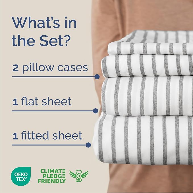 Cal King Size 4 Piece Sheet Set - Comfy Breathable & Cooling - Grey Stripes | Hotel Luxury Bed Sheets for Women & Men, Deep Pockets, Easy-Fit, Extra Soft & Wrinkle Free Sheets, Oeko-Tex Bed Sheet Set