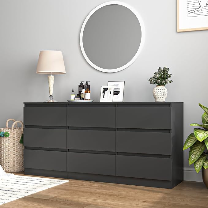 Vibe & Dine Black Dresser 9 Drawer, Modern Long Dresser for Bedroom, Wood Chest of Drawers with Wide Storage for Living Room