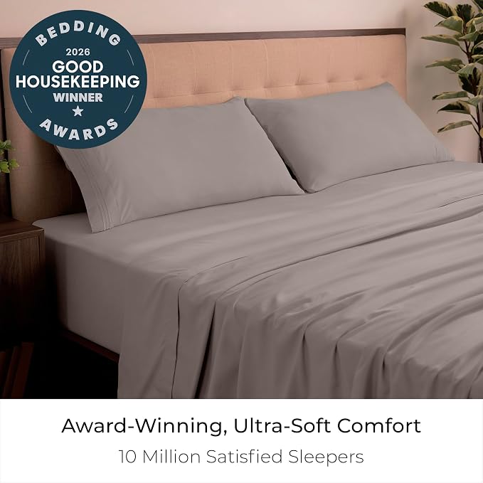 Mellanni Iconic 4-Piece, Ultra Soft Sheet Set (California King, Tan) | 10M+ Sleepers. Lab-tested: Sleeps Cool, Stays Bright, Strong, Smooth. Good Housekeeping Best Bedding, 7 yrs running.
