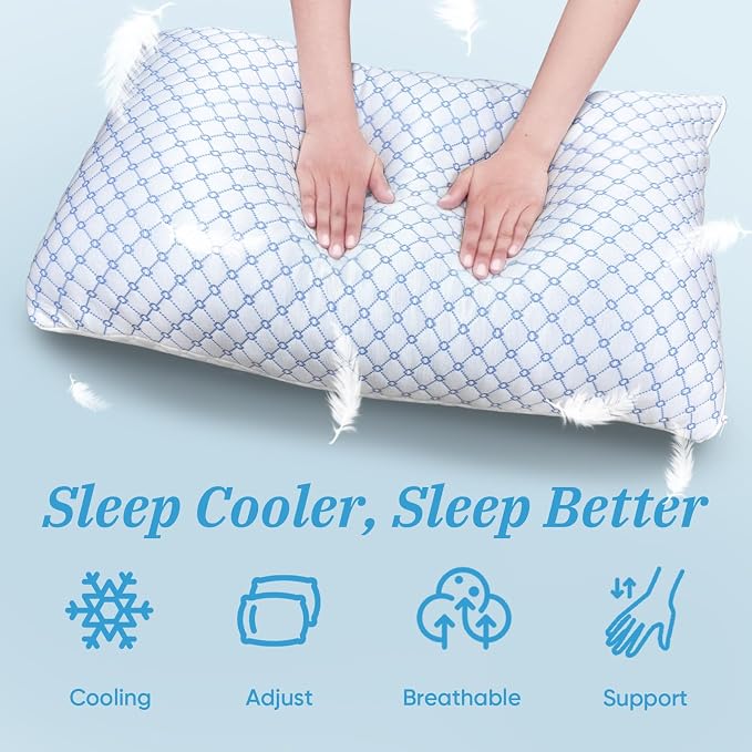 OAISZ Cooling Pillow Queen Size Set of 1, Shredded Memory Foam Bed Pillows | Adjustable Shredded Memory Foam Pillows, Cooling Bed Pillows for Side, Back and Stomach Sleepers, Removable Washable Covers