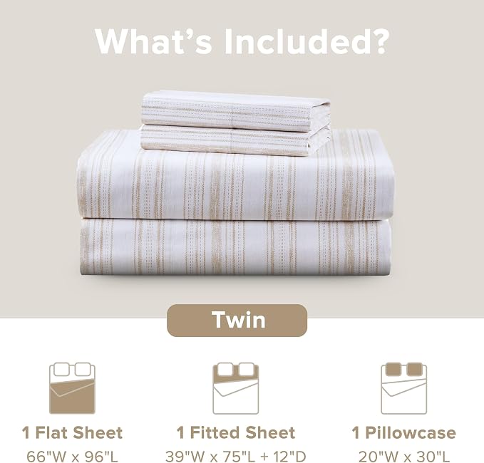 Comfort Spaces 100% Cotton Percale Sheets Twin Size 3 Pcs, Good Vibes Taupe | Crisp, Cool & Breathable Bed Sheets, 12" Deep Pocket Fits Up to 14" Mattress, Lightweight, All Season Cozy, with Pillow Case