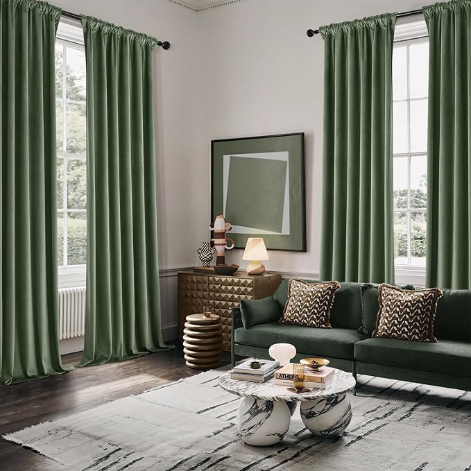 MIULEE Velvet Curtains 50W x 96L 2 Panels Olive Green Blackout Curtains | Luxury velvet fabric, pinch pleat design, back tab hooks, thermal insulated, blackout light blocking, for living room bedroom