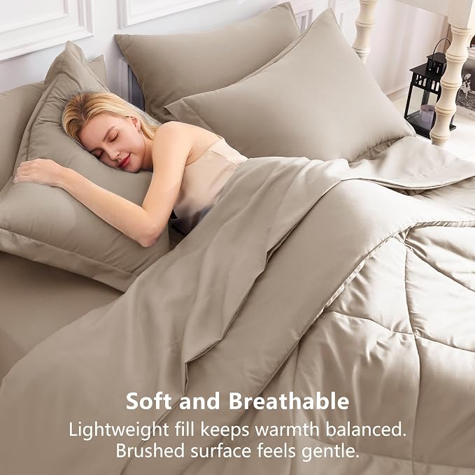 Oversized King Size Comforter Set Khaki - 7 Pieces Bed in a Bag | OEKO-TEX Certified, All Season, 240GSM Down-Alternative Comforter, Sheets, Pillowcases & Shams, 14" Deep Pocket, Easy Care