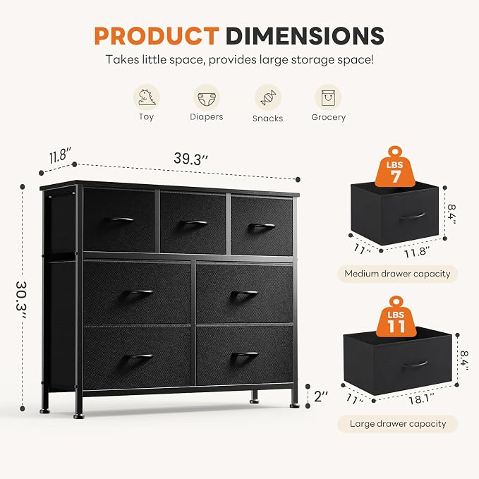Sweetcrispy 7 Drawer Fabric Dresser for Bedroom Storage with Bins, Black | Anti-Tip Closet Organizer with Wooden Top and Sturdy Steel Frame, Spacious Drawers for Clothes Storage, Hallway Entryway