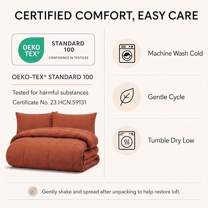 King Size Comforter Set Terracotta - 7 Pieces Orange Bed in a Bag | OEKO-TEX Certified, All-Season, Bedroom, Guest Room, Down-Alternative Comforter + Flat & Fitted Sheets + 4 Pillowcases