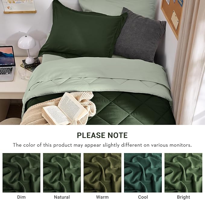 5 Pieces Twin XL Comforter Set, Reversible Bed in a Bag Twin XL Size, All Season Bedding Set with Comforter, Flat Sheet, Fitted Sheet, Pillowcases & Shams, Dark Green & Light Green