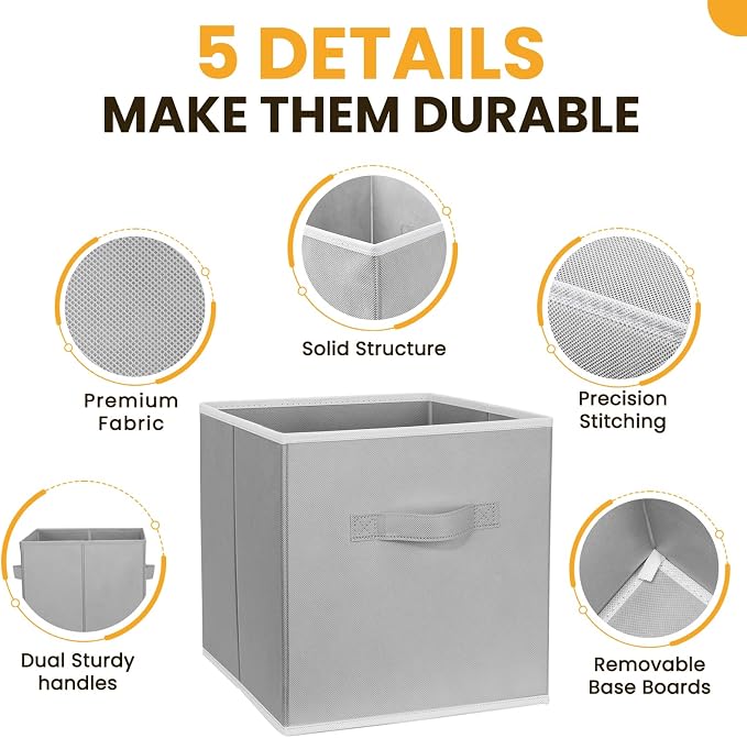 Large Storage Cubes, 13 Inch Cube Storage Bins for Shelves Closet Nursery Bedroom - 10 Pack Collapsible Storage Baskets with Handles - Fabric Bins for Organizing Magazines Clothes Toys (Grey)