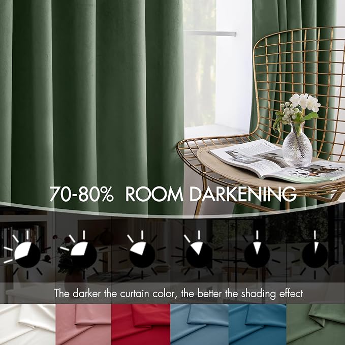 MIULEE Velvet Curtains 50W x 96L 2 Panels Olive Green Blackout Curtains | Luxury velvet fabric, pinch pleat design, back tab hooks, thermal insulated, blackout light blocking, for living room bedroom
