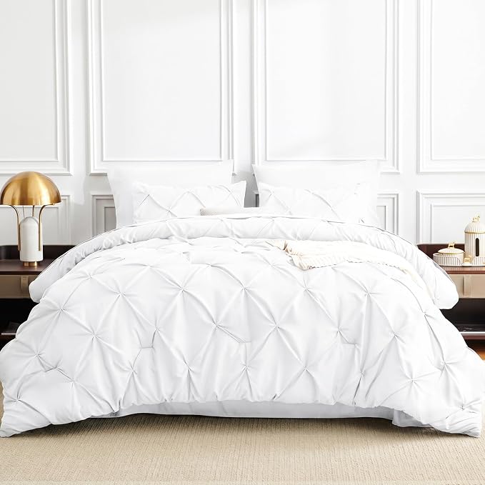Queen Comforter Set White, 7 Pieces Pintuck Bed in a Bag | OEKO-TEX 100 Certified, 240GSM All Season, Bedroom, Guest Room, Down-Alternative Comforter, Sheets, Pillowcases & Shams