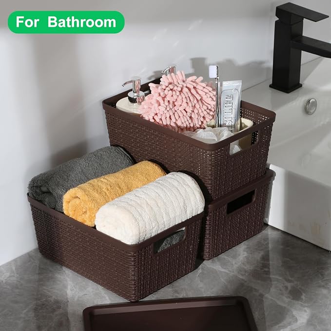 6 Pack Plastic Storage Baskets with Lid,Brown Stackable Bins | Durable Woven Plastic With handle Breathable,Save space ,For Organizing Desktops, Closets, Playrooms, Classrooms, Offices