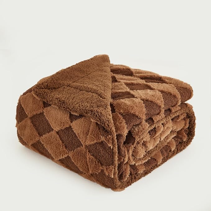 PU MEI Luxury Faux Fur Rabbit Fur Throw Blanket Brown 90"x80",Plush Reversible Sherpa Blankets,Queen Fuzzy Elegant Blanket Thick Throws for Bed,Washable Bedding Accent Blankets for Sofa Couch Chair