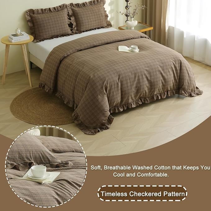 Silnuo Warm Camel Plaid Gingham Ruffle 3-Piece Duvet Cover Set Queen Size | 100% Washed Cotton Shabby Checkered Plaid Bedding Set Farmhouse Comforter Set(Queen,Warm Camel)