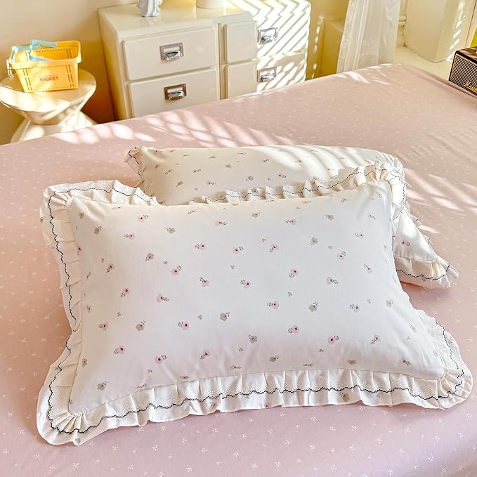 mixinni Shabby Chic Tiny Pink Floral Duvet Cover Full, 100% Cotton Reversible Bedding with Double Ruffle Black Lace Trim, Vintage Farmhouse Princess Comforter Cover with Zipper & Corner Ties
