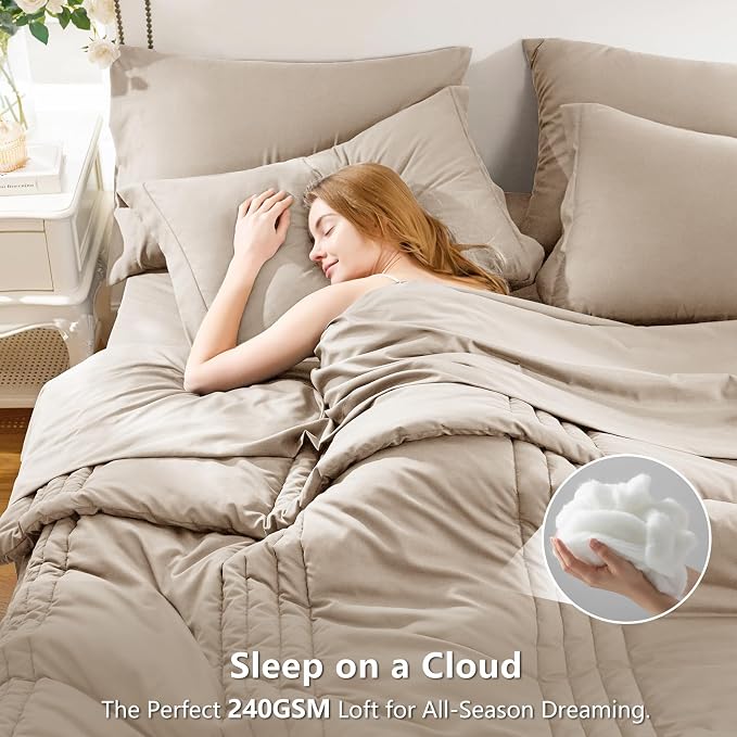 Full Size Comforter Sets Wheat- 7 Pieces Bed in a Bag | OEKO-TEX Certified, 240GSM Down-Alternative Comforter, 14" Deep-Pocket Sheets, Shams & Pillowcases, Lightweight