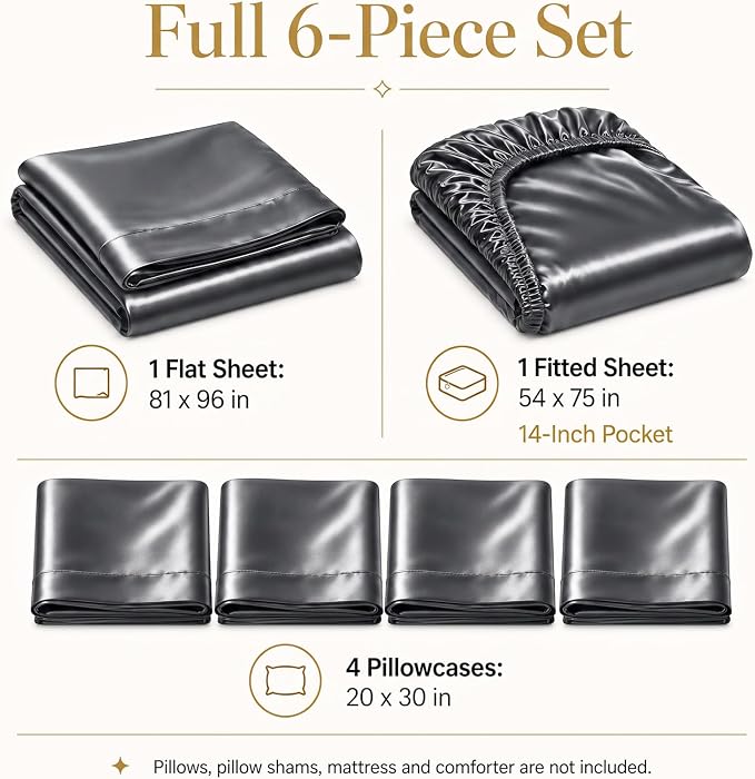 CozyLux Satin Sheets Full, 6-Piece 14-Inch Deep Pocket Sheet Set | OEKO-TEX Certified Silky Soft Sheet Set for Hair & Skin, Luxurious Silky-Smooth Satin for Elegant Bedroom Decor, Dark Grey