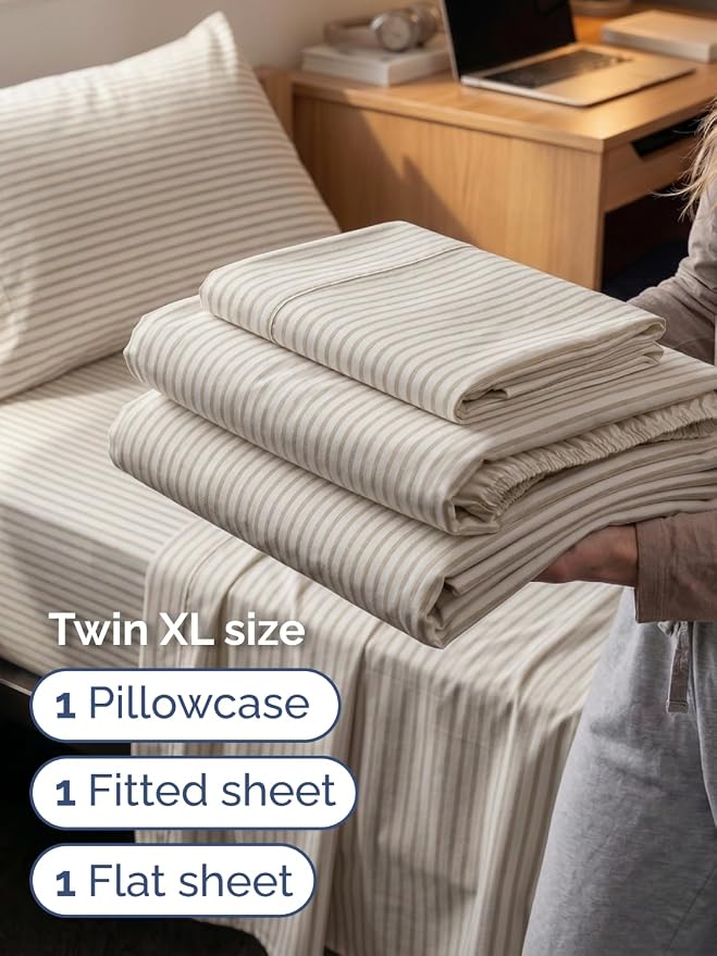 Extra Deep Twin XL Sheet Set - 3 Piece College Dorm Room - Beige Stripes | Soft, Breathable & Cooling, Easily Fits 18 to 24 inch Mattress, Wrinkle Free & Fade Resistant with Extra Deep Pockets