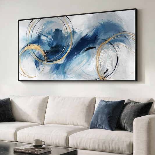 Large Framed Navy Blue Abstract Wall Art for Living Room, Horizontal 30x60 | Contemporary picture, Canvas prints, Wood frame, Modern minimalist painting, Artwork for walls, Wall decor for bedroom office
