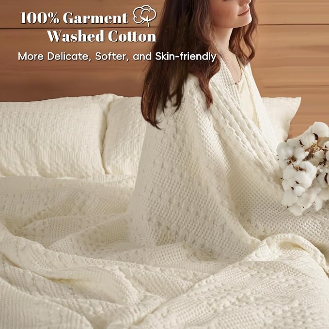 PHF Lightweight 100% Cotton Waffle Blanket for Bed, King, Cannoli Cream | Pre-Washed Soft Cotton Comfort, Breathable Layering Warmth for Fall & Winter, Bed, Sofa, Couch, Home Decor & Gifts