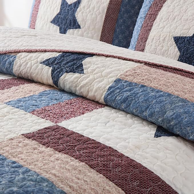 VISIMISI Cotton Bedding Quilt Sets 3 Pieces Reversible Coverlet Sets All Season Boys Real Patchwork Bedspread,Star Pattern,Queen Size | Breathable material