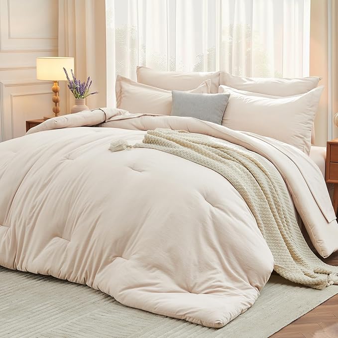 5 Pieces Twin Comforter Set, Soft Bed in a Bag Twin Size, All Season Bedding Set with Comforter, Flat Sheet, Fitted Sheet, Pillowcases & Shams, Beige