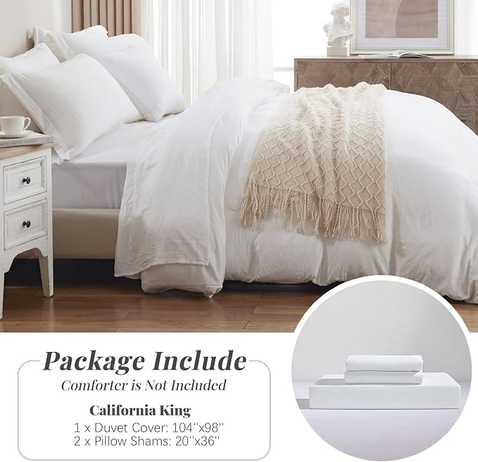 MILDLY Duvet Cover Cal King Ultra Soft Comforter Cover Set 3pcs, White | Washed Microfiber Cotton-Like, Breathable Comfort, Hidden Zipper, Corner Ties, OEKO-TEX Certified, Fade Resistant