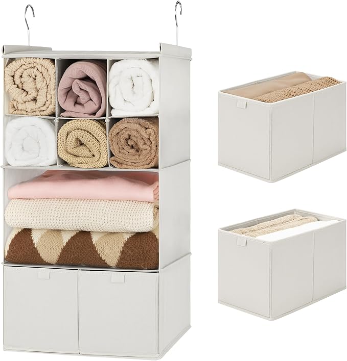 GRANNY SAYS 4-Shelf Hanging Closet Organizer with Drawer, Foldable Storage | Dividers Closet Hanging Organizer, No-Sag Support, Keeps Clothes Neat, Folds Flat, Fits RV, Dorm & Small Closets, Beige