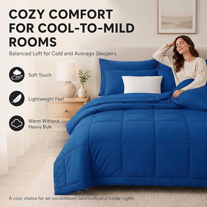 King Size Comforter Set Classic Blue - 7 Pieces Bed in a Bag | OEKO-TEX Certified, All-Season, Bedroom, Guest Room, Down-Alternative Comforter + Flat & Fitted Sheets + 4 Pillowcases