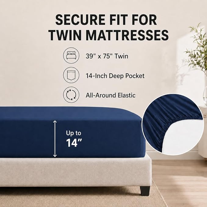 HIMEET Twin Comforter Sets, 5-Piece Point-Quilted Bed in a Bag, Navy Blue | OEKO-TEX Certified, Lightweight 240 GSM Comforter, Flat Sheet, 14-Inch Deep-Pocket Fitted Sheet, Pillowcase & Sham