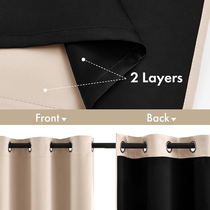 MIULEE Beige 100% Blackout Curtains for Bedroom 40x45 Inch Length 2 Panels | 2 Thick Layers Thermal Insulated Short Curtains with Black Liner, Noise Reducing Grommet, Drapes for Living Room