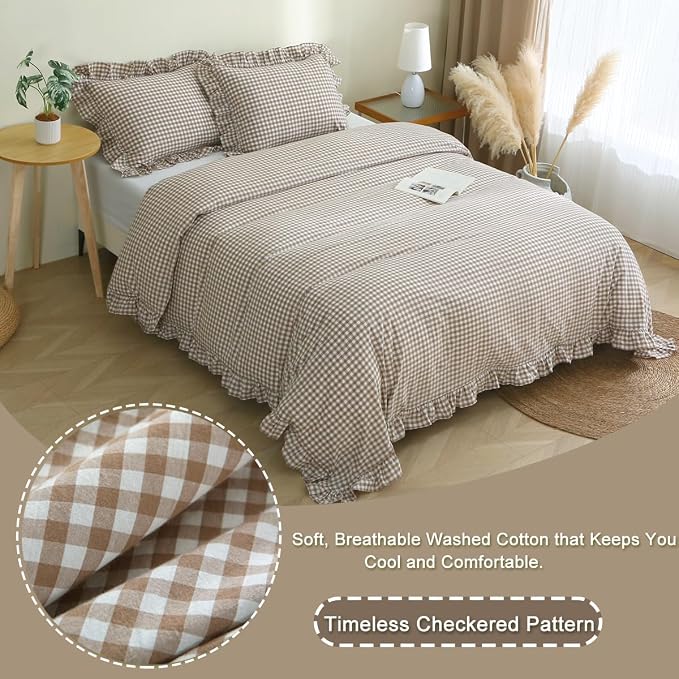 Silnuo Taupe/White Plaid Gingham Ruffle Duvet Cover Set Twin Size | 100% Washed Cotton 3 Piece Vintage Checkered Chic Bedding Set Comforter Cover Set