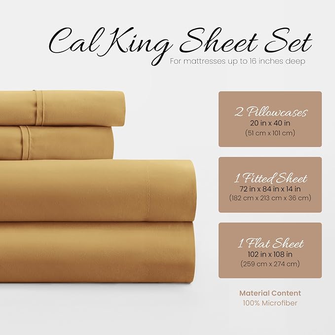 Linen Market Bed Sheets for California King Size Bed (Gold) - Sleep Better Than Ever with These Soft and Cooling California King Sheets - Deep Pocket Fits 16" Thick Beds - 4 Piece Cal King Sheet Set
