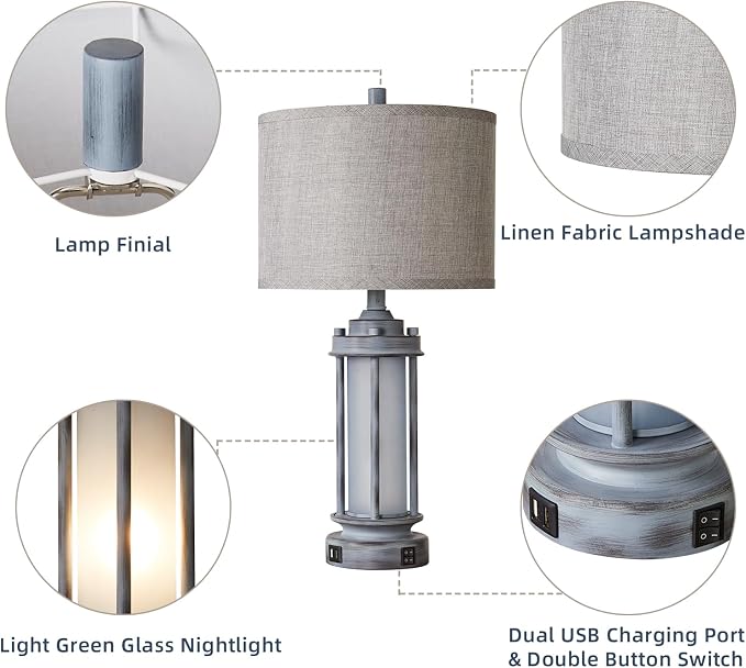 AIEAMPDO 25" Rustic Farmhouse Nightstand Lamp with 2 USB C+A Ports | Rustic Vintage Antique Retro Design With Light Green Glass Nightlight. Table Lamp for Bedroom Living Room, 2 Bulbs Included