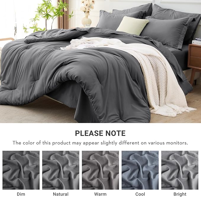 7 Pieces King Comforter Set, Soft Bed in a Bag King Size, All Season Bedding Set with Comforter, Flat Sheet, Fitted Sheet, Pillowcases & Shams, Dark Grey