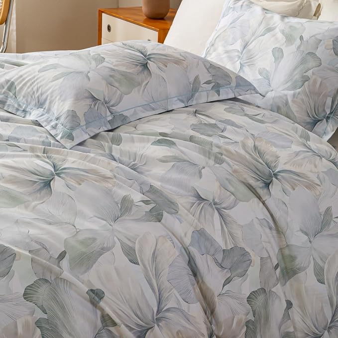 OAITE King Floral Pattern Duvet Cover Set Unique Design 3pcs 100% Cotton | Exquisite Stitched Hem, Breathable,Soft,Dual Zipper,8 Corner Ties,Easy Care for All Season