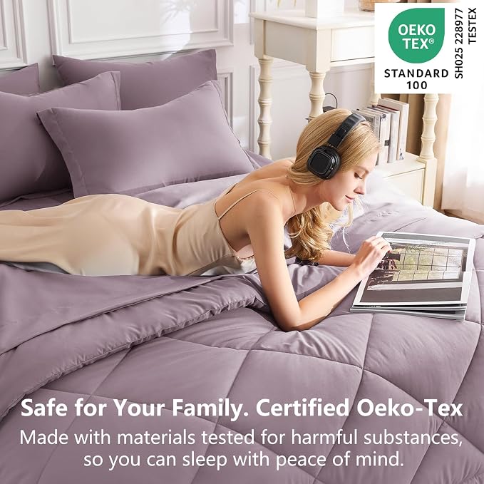 King Size Comforter Set Dusty Purple - 7 Pieces Bed in a Bag | OEKO-TEX Certified, All Season, 240GSM Down-Alternative Comforter, Sheets, Pillowcases & Shams, 14" Deep Pocket, Easy Care