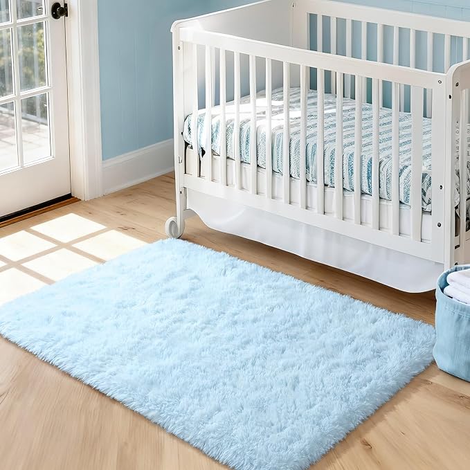 Soft Modern Indoor Shaggy Area Rug for Bedroom Livingroom Dorm Kids Room Home Decorative, Non-Slip Plush Fluffy Furry Fur Rugs Comfy Nursery Accent Floor Carpet 3x5 Feet, Baby Blue