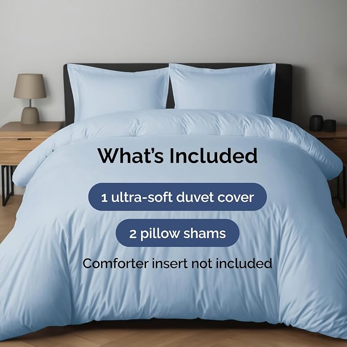 Duvet Cover King Size - Soft 3 Piece with Zipper Closure - Sky Blue | Extra Soft, Breathable, King Duvet Cover 104" x 90" with 2 Pillow Shams, Zipper Closures & Ties, Women, Men, Kids & Teens
