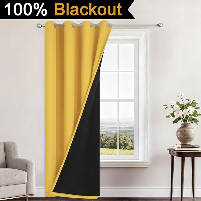 Yakamok Mustard Yellow Blackout Curtains 84 Inches Long 52" Wide 1 Panel | Blackout Curtain Panels for Bedroom, 2 Thick Layers Grommet Top Thermal Insulated Drapes with Black Liner for Living Room