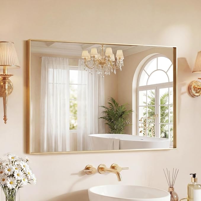 Sweetcrispy Bathroom Mirrors, Vanity Mirror, Wall Mount, 24x36 Inch | Tempered Glass, Anti-Rust Metal Frame, Over Sink Home Decor, Modern Rectangle Style, Gold