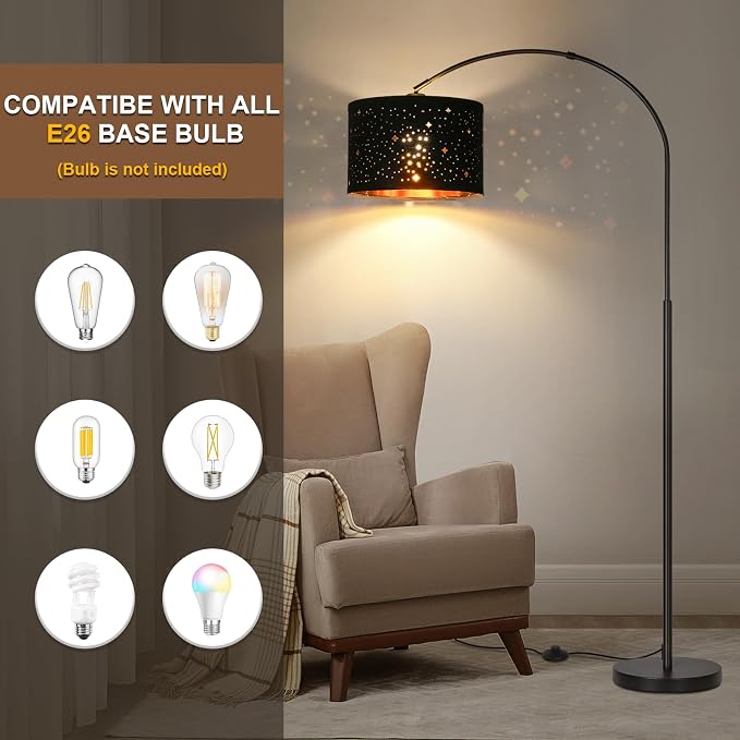 Modern Arc Floor Lamp, Tall Pole Lamp with Black Stars Lampshade | Arched Reading Light with Adjustable Lamp Head and Pedal Switch, Over Couch Hanging Light for Living Room, Bedroom, Office
