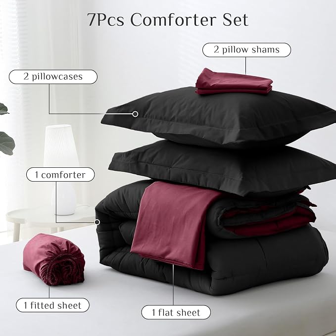 JOLLYVOGUE California King Comforter Set, Ultra-Soft Bed in a Bag 7 Pieces, Oeko-TEX Certified Bedding Set with Down Alternative Comforter, Sheets, Pillowcases & Shams, Black & Deep Burgundy